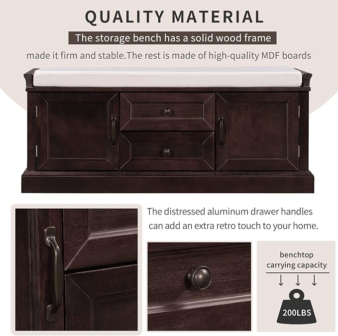 Knocbel 42.5" Entry Storage Bench with Removable Cushion, 2 Drawers and 2 Cabinets, Entryway Hallway Foyer Shoe Bench End of Bed Bench with Aluminum Handles, 200lbs Weight Capacity (Espresso)