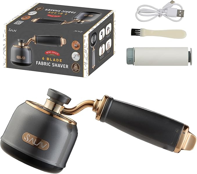 SALAV® Retro Edition Rechargeable Fabric Shaver and Lint Roller with 6-Blade System Removes Fuzz and Piling on Fabrics, with Charging Cable and Mini Brush (Titanium)