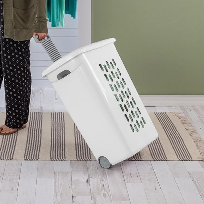 Sterilite 18-Pack Ultra Wheeled Hamper, Laundry Basket w/Flip-Top Lid & Retractable Handle - Plastic Rolling Clothes Storage Cart with Ventilated Holes for Home, Apartment or Dorm