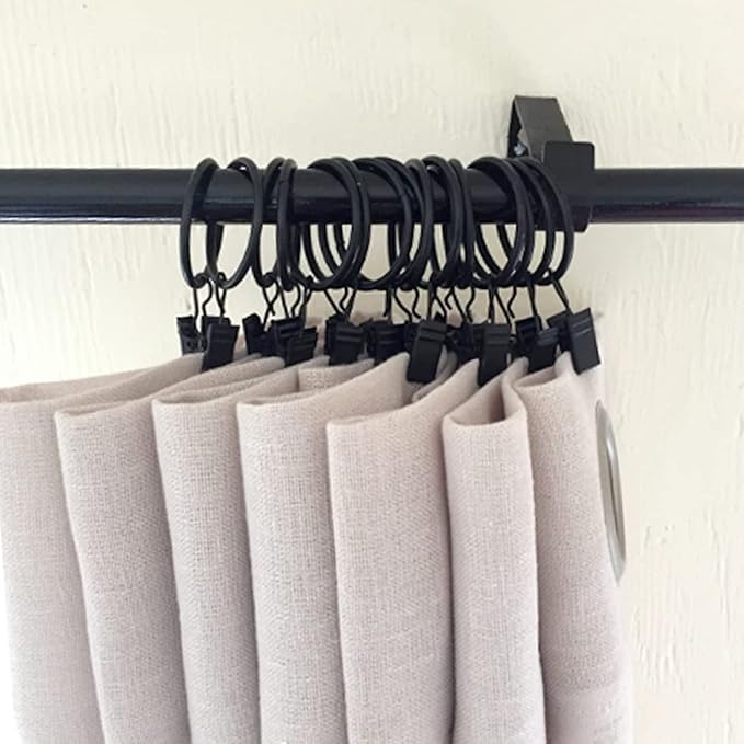 100 Pack Black Curtain Rings with Clips, Curtain Hooks Hangers Clip Rings for Hanging Drapes Bows Hat, Drapery Rings 1.26 in I D, Fits up to 1 in Diameter Curtain Rod.