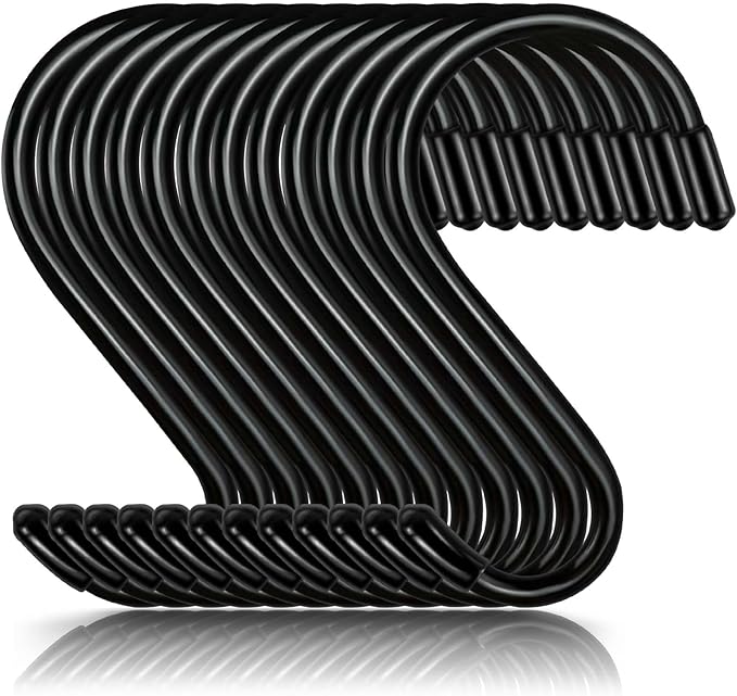 4 Inch 12 Pack Heavy Duty Vinyl Coated S Hooks Non-Slip & Scratch-Proof Black Hanging Hooks for Plants Kitchen Utensils Pots Pans Clothes & Bags Ideal for Closet, Garage & Garden Organization
