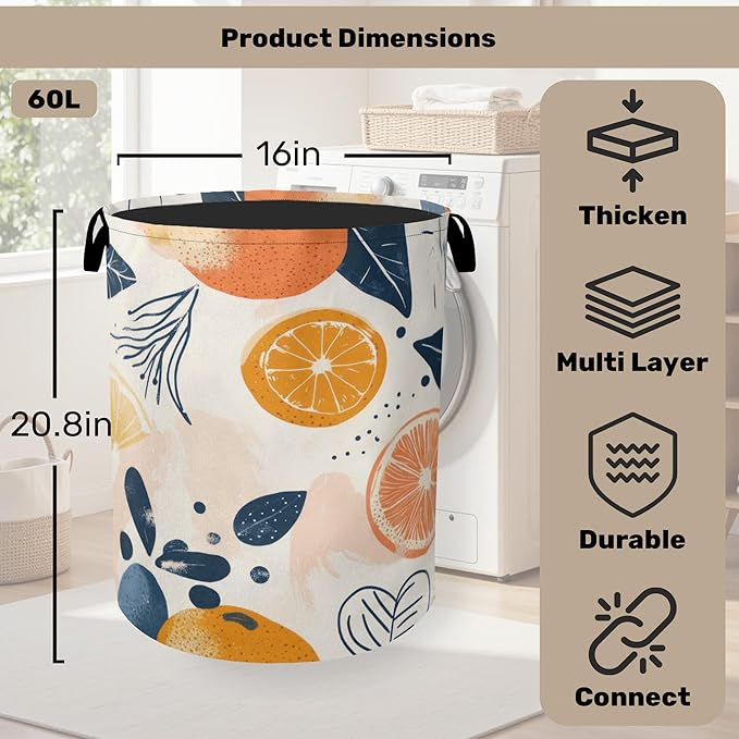 Summer Fruits Orange Laundry Basket with Handles - Extra Large Foldable Hamper for Bathroom/Laundry/Bedroom/Dorm, Washable Fabric Storage Bin