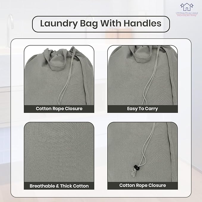 LFH Home Cotton Canvas Large Laundry Bag with Handle, Heavy Duty Drawstring Closure Washable Laundry Bags, School Travel, Home, Hotel, College Dorm, Organizer Sack, Toys 20x30-Grey