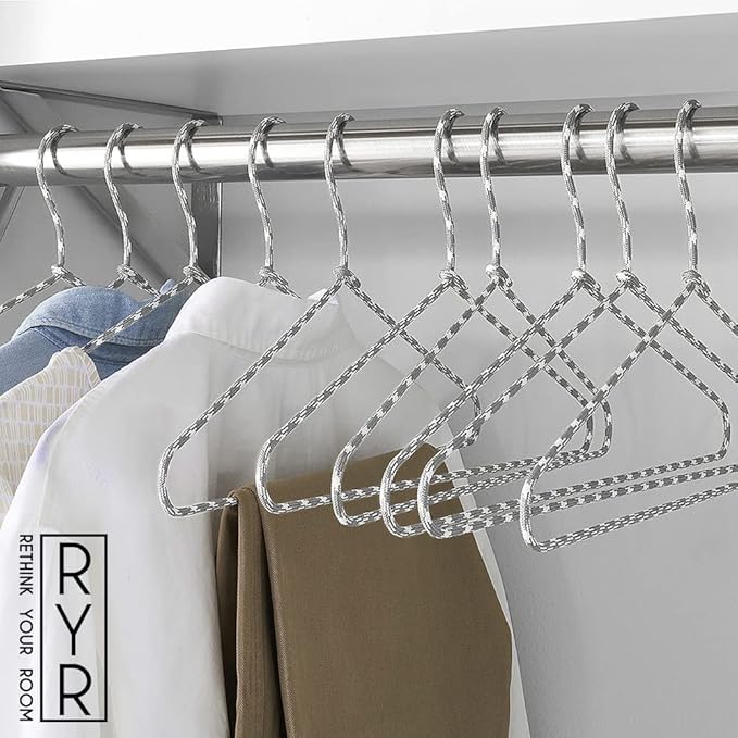 Clothes Hangers 10 Pack – Space Saving Fabric & Metal Hangers, Non-Slip Pant & Coat Hangers, Room Essentials, Closet, Durable Wardrobe Storage for Shirts, Suits & Pants – Grey/White