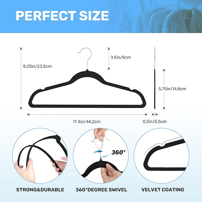 Simple Deluxe 30 Pack Velvet Hangers, Non-Slip Felt Hangers with Shoulder Notches, Space Saving Heavy Duty Clothes Hangers for Coat, Pants, Suit, Sweater, Black