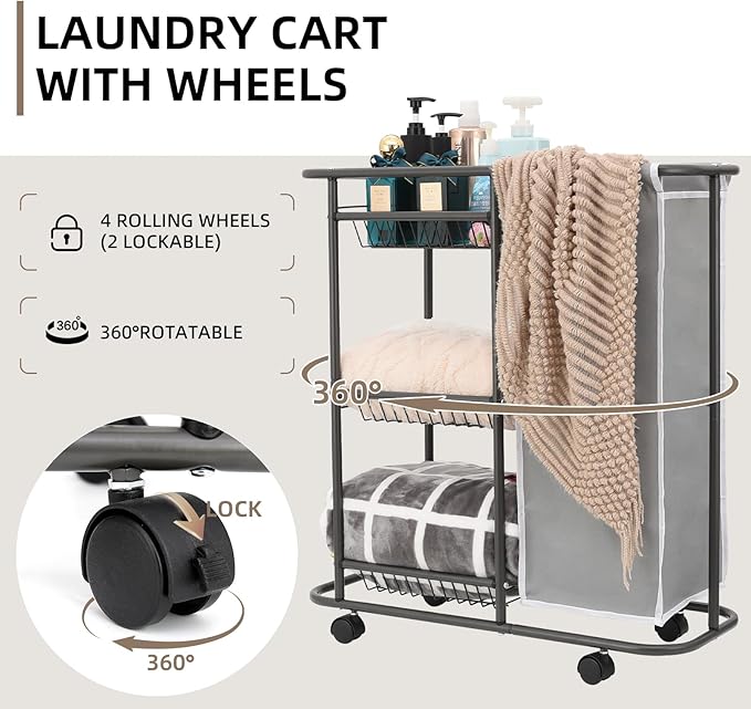 Rolling Laundry Cart with Wheels, 3-Tier Laundry Caddy Between Washer and Dryer, Heavy Duty Rolling Laundry Basket with 45L Bag for Narrow Space Laundry Room, Bathroom, Bedroom, Gray