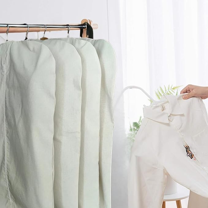 Premium 100% Cotton Garment Bags – 48" Off-White Canvas Suit Cover with YKK Zipper – Breathable, Dust-Proof Storage for Suits, Coats, Dresses, Jackets & Travel/Closet Use