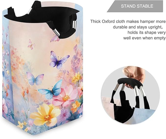 xigua Colorful Flowers and Butterflies Large Laundry Hamper with Handle, Foldable Clothes Hamper Collapsible Storage Basket for Toys and Clothes Organization in Bedroom, Bathroom, and Laundry Room