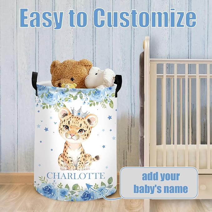 Personalized Laundry Basket for Kids Boys Girls Adults, Custom Name Lion Laundry Baskets for Nursery, Customize Blue Laundry Hamper, Personalized Gift with Baby Name 2 Sizes