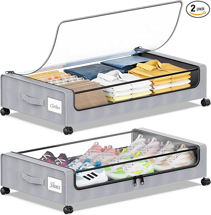 Under Bed Storage with Wheels, 2 Pack Under bed Storage Containers with Clear Lids & Zippers, Under Bed Shoe Storage Organizer, Rolling Underbed Storage for Clothes, Shoes, Blankets (Grey)