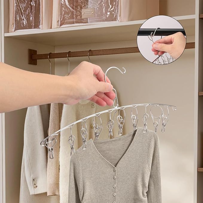 16 Pack 14 inch Stainless Steel Drying Rack with 10 Clips, Sock Drying Rack with Windproof Clips, Stainless Steel Clothes Hanger for Bras, Clothes, Sock & Underwear Towels