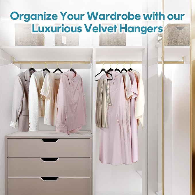 UNEED Black Velvet Hangers with Golden Hooks, 22 Pack - Ultra Thin Space Saving, Non-Slip Clothes Hangers for All Clothing, Dorm & Closet Organization (Heavy Duty, Anti-Scratch,360° Protection)
