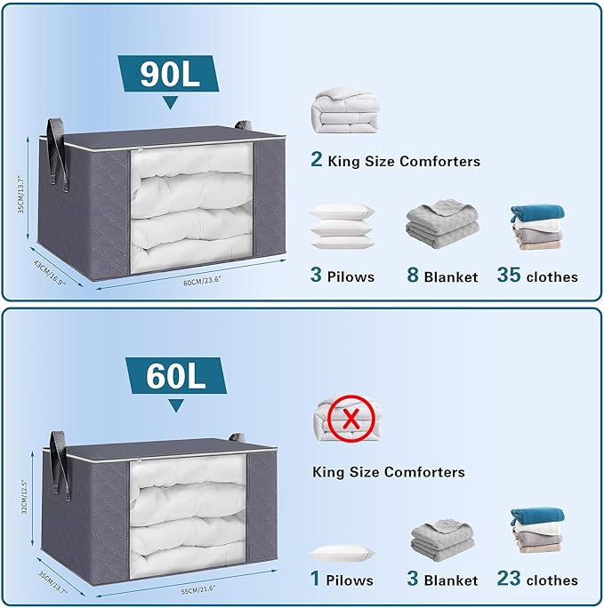 90L Extra Large Clothes Storage Bags, 6 Pack Blanket & Clothing Storage Bins, Foldable Closet Organizers with Clear Window and Reinforced Handles for Clothing, Blankets, Bed Sheets and Pillows