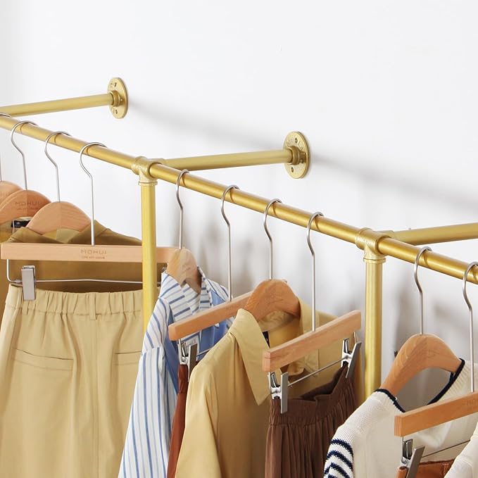 Gold pipe clothing rack for Hanging Clothes rack with 3 T-Bar Design,Nano Gold Finish, Heavy Duty industrial clothing rack wall mounted,Retail Display Rack Closet Storage Clothes Organizer
