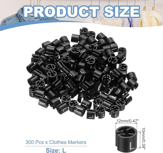 PATIKIL 300 Pcs Clothes Hanger Markers L Fit Rod Garment Size Tag Hanger Clips Round Color Coding Label for Clothing, Black