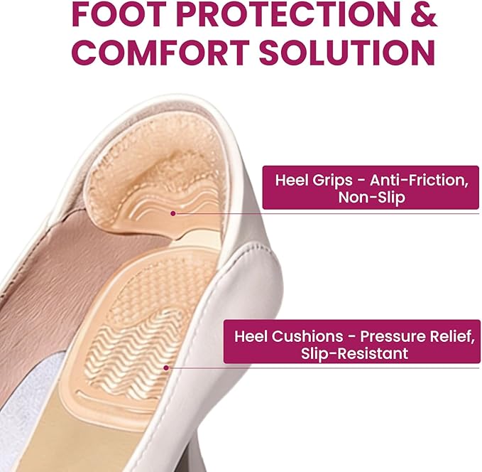 Heel Grips for Women Shoes - Bukihome Heel Pads for Shoes That are Too Big, Non-Slip, Reduce Friction T-Shape Design Shoe Cushions for High Heels, Sandals, Pumps, Flats, Boots (4 Pcs, Beige)