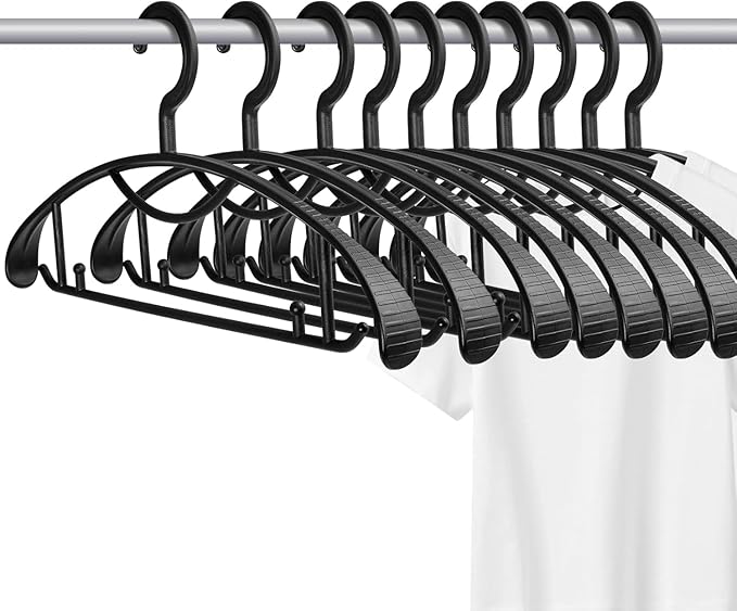 Extra Wide Shoulder Sweater Hangers 10 Pack, Width 2.8cm Thick Plastic Suit Hanger for Men Women, Curved Clothes Hangers no Shoulder Bump Ideal for Bedroom Everyday Use (Black)