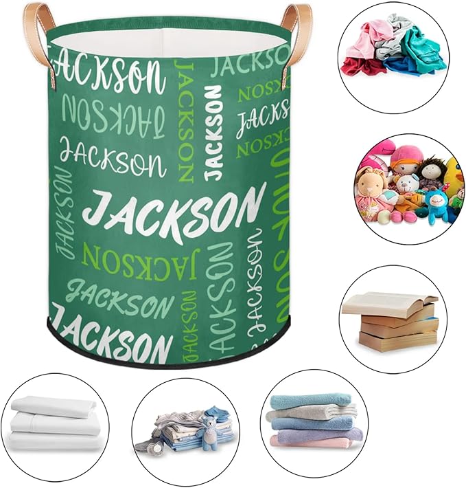 Custom Name Large Laundry-Basket for Kids-Boys-Girls, Personalized Foldable Waterproof Laundry Hamper Dirty Clothes Toys Storage Bin with Handles,Green