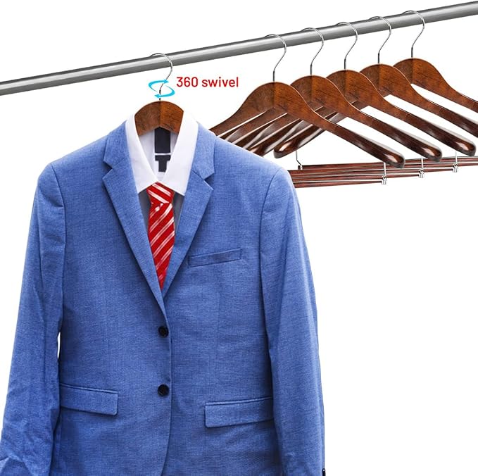 Wide Shoulder Wooden Suit Hangers with Non-Slip Pants Bar & 360° Swivel Hook - Smooth Finish Coat Hangers for Men and Women - Heavy Duty Clothes Hanger – Pack of 6