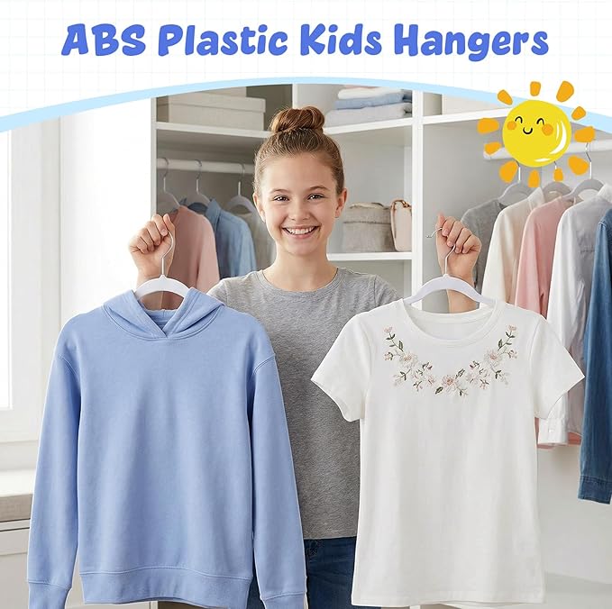 HOUSE DAY 13.5 Inch Kids Hangers 50 Pack - Premium ABS Plastic Clothes Hangers for Kids, Children, Preteens - Space Saving Thin Profile, Strong & Durable Hangers with 360° Swivel Hook - White