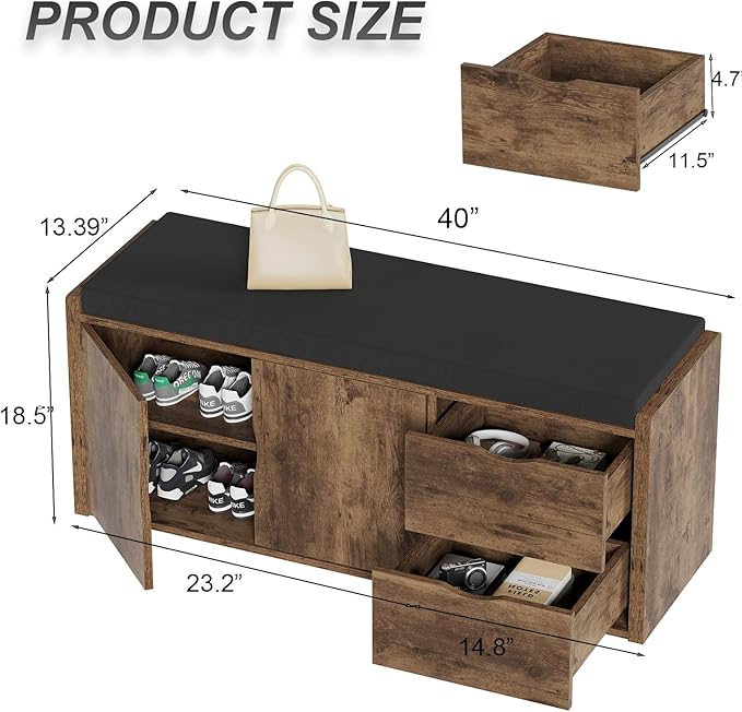 LVB Entryway Shoe Bench, Rustic Storage Bench with Cushioned Seating, Long Hidden Shoe Organizer Bench with 2 Drawers, Industrial Wooden Shoe Benchs in Hallway Living Room Bedroom, Rustic Brown, 40in