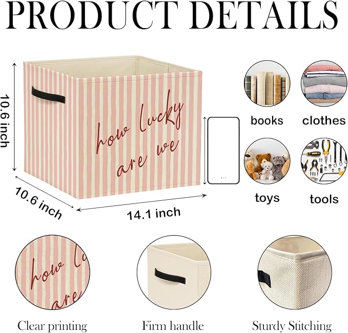 Pink Preppy Inspirational Storage Bin Box with Handles, How Lucky Are We Trendy Striped Foldable Baskets Organizer for Girls Bedroom Bathroom Clothes Toys Books, Toybox for Girls