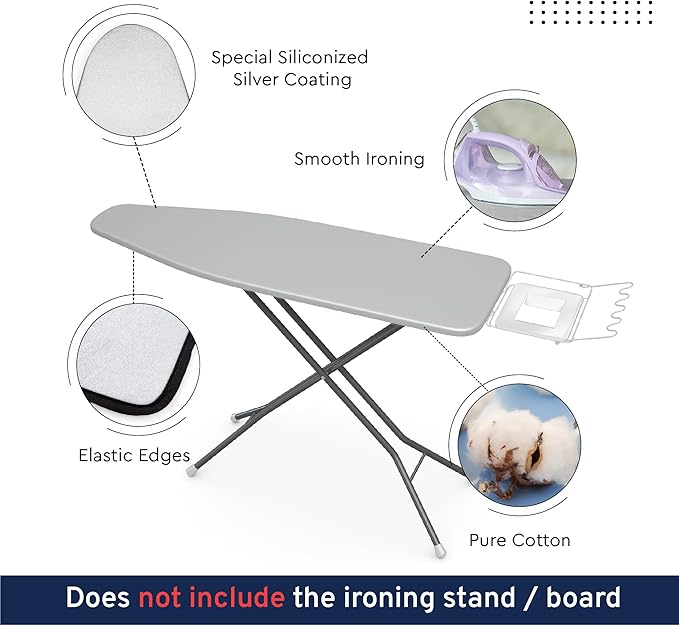 Encasa XO Ironing Board Cover and Pad 54"x18" - 4mm Felt & 2mm Foam Metallized Silver Iron Board Cover with Padding - Heat & Scorch Resistant, Non Slip, Bungee Elasticated, 3 Fasteners Silver Luxury