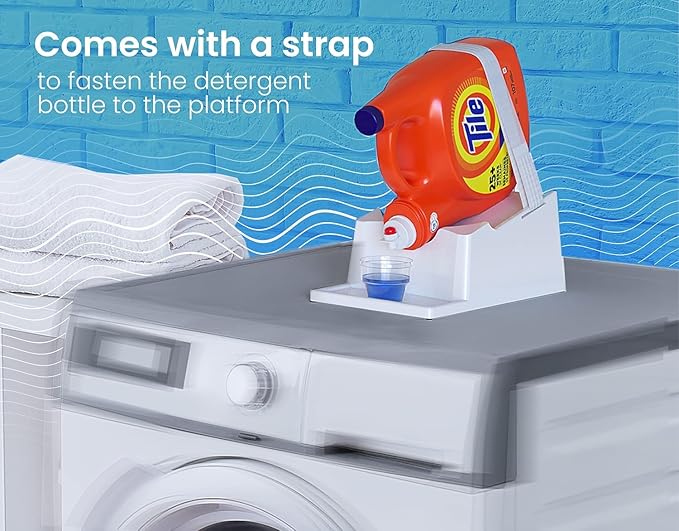 TidyFriend 2 Pack Liquid Laundry Detergent Holder Stand with Strap, Drip Tray & Rubber Feet, Stand for Laundry Room Organization and Storage, Fabric Softener Dispenser Holder for Easy Pouring (White)