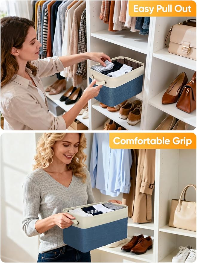 BALEINE 1 Pack Fabric Storage Bins for Shelves, Linen Storage Baskets for Organizing, Decorative Closet Bins for Clothes, Home (Navy Blue, 15''x11''x9.5'')