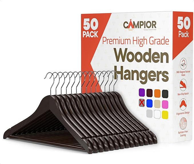 Brown Wooden Hangers 50 Pack – Heavy-Duty with 360° Swivel Hook, Non-Slip, Pants Bar & Shoulder Grooves - Wooden Hangers for Suits, Jackets, Dresses & Camisoles, Space-Saving and Smooth Finish