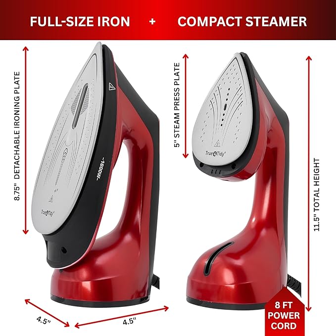 True & Tidy DuoPress XL 2-in-1 Clothes Steamer & Iron, 1600W Powerful Turbo Steam, Large Ceramic Plate, Smart Temperature Control, 3 Steam Modes