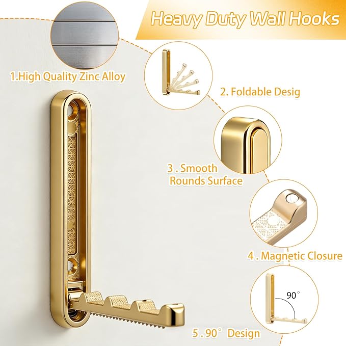 2 Pcs Folding Coat Hooks, 4.33 in Gold Extended Foldable Wall Hooks Heavy Duty Valet RV Hooks Bathroom Towel Hooks Robe Hooks Wall Mounted for Hanging Towels Clothes Coat Hat Bags
