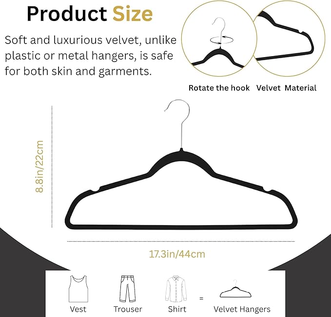Essenziale (Essential) Luxe Premium 10 Pack Black Velvet Clothes Hangers 360° Rotating Silver Hook Slim Non-Slip Clothes Hangers for Pants, Suits, Coats & Shirts Strong Space-Saving Closet