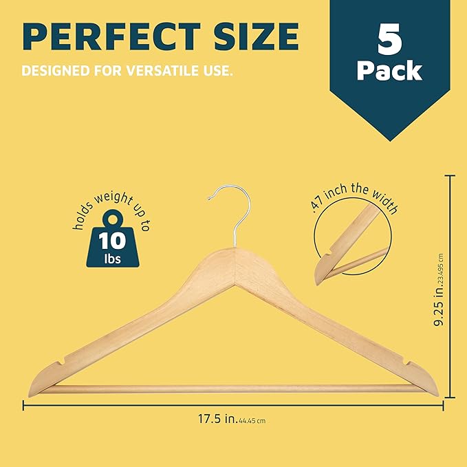 Lifemaster Wooden Clothes Hangers – with 360 Degree Swivel Hook and Non-Slip Shoulder Notch, Holds Up to 10 lbs, Pants Bar Design, Organizing Suit, Dress, Coat, and Clothes, Pack of 5, Natural Color