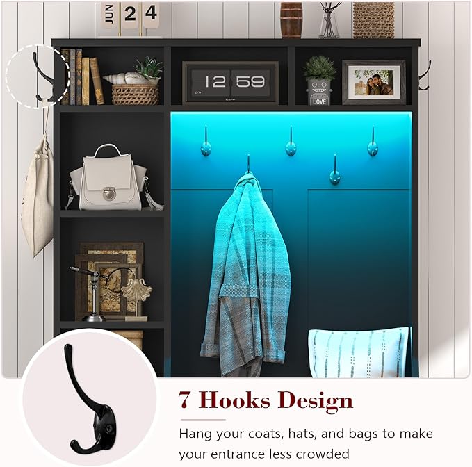Hall Tree with Bench and Shoe Storage, Farmhouse Entryway Bench with Coat Racks and Led Lights, Black Tall Hall Tree with 7 Coat Hooks, 6 Storage Cubbies, Adjustable Shelf