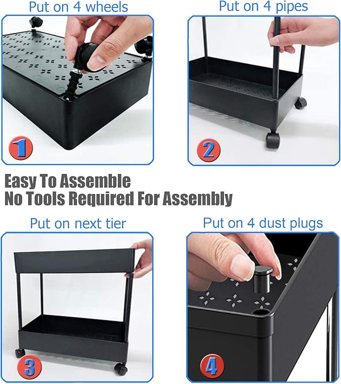4 Tier Slim Rolling Utility Kitchen Cart Bathroom Organizer for Narrow Places Multipurpose Storage Shelve Mobile Trolley for Bedroom Laundry Office Restaurant Garage Pantry (Black)