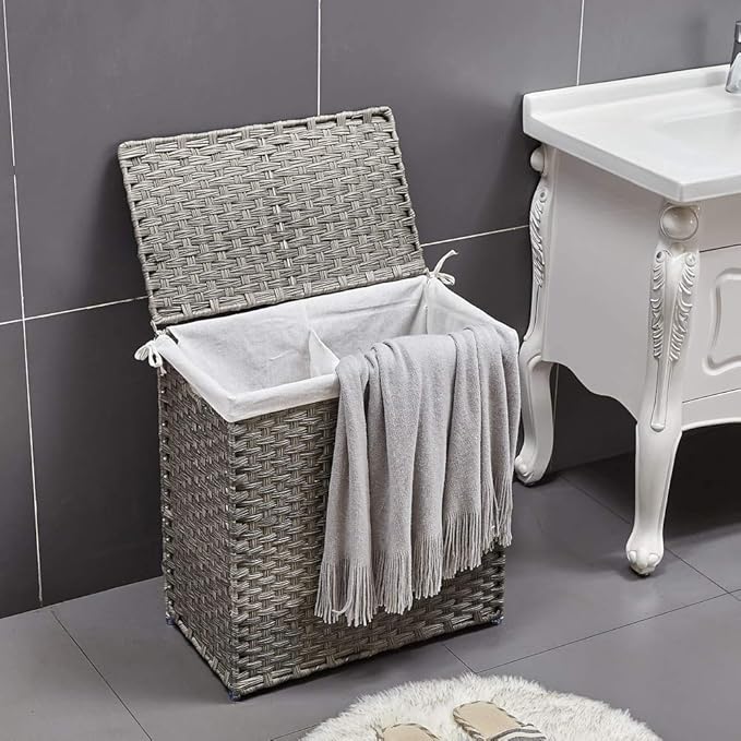 Mxfurhawa Slim Laundry Basket on Wheels, Heavy Duty Cotton Liner Laundry Storage Hamper with Handles, Collapsible Clothes Wire Basket Organizer Laundry Bag (2PCS-02A)