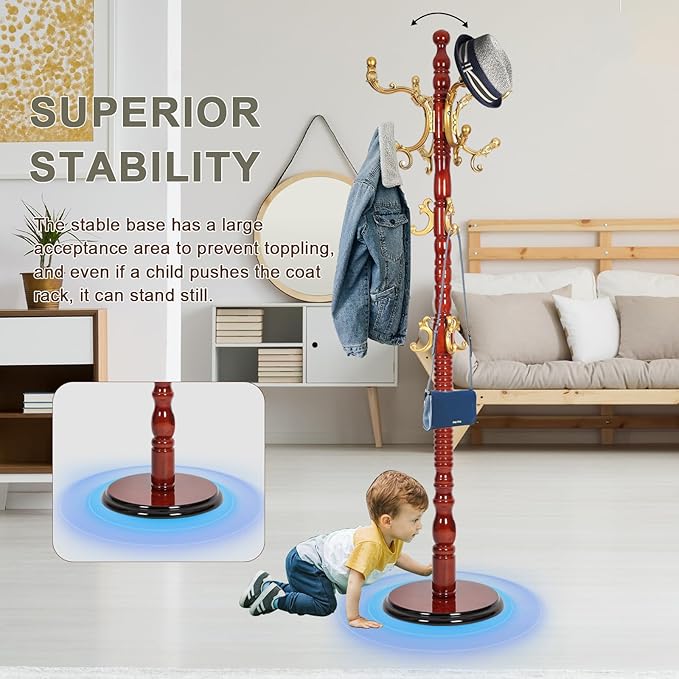 Wooden coat rack stand, Heavy duty coat racks tree freestanding with 14 Hooks and Sturdy Round Base, Coat tree for jacket,Hats, Bags, Purses, clothes (Round base-Begonia wood)
