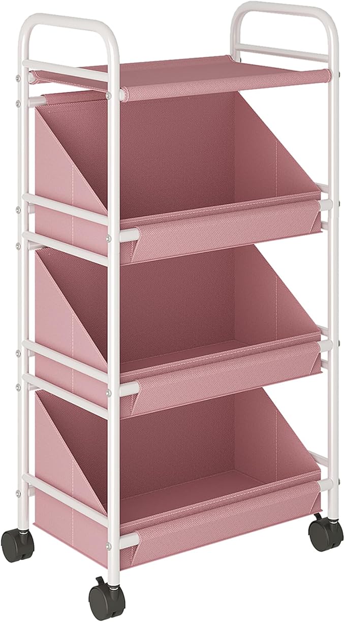 Buzowruil Utility Rolling Fabric Storage Rack Trolley Toy Cart Trolley with 3 Large Storage Boxes,Wheels, Suitable for Bedroom, Living Room, Entryway, Pink