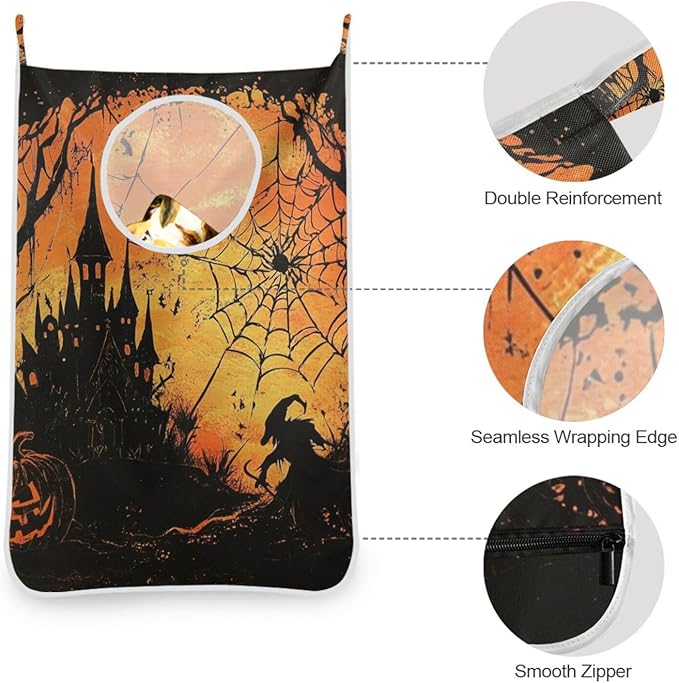 Witch Castle Halloween Door Hanging Laundry Hamper Bag with Free Adjustable Stainless Steel Hooks Dirty Clothes Hamper Extra Large Over the Door Laundry Hamper 29.5X20inch 1 PCS