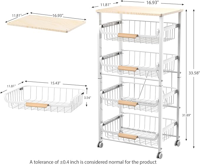 JAQ Fruit Basket for Kitchen, 5-Tier Slide Out Storage Baskets Carts Organizers Drawers with Wood Top Table with Rolling Wheels for Snacks Vegetables Vianderos para Cocina Modernos (White, 5 Layer)