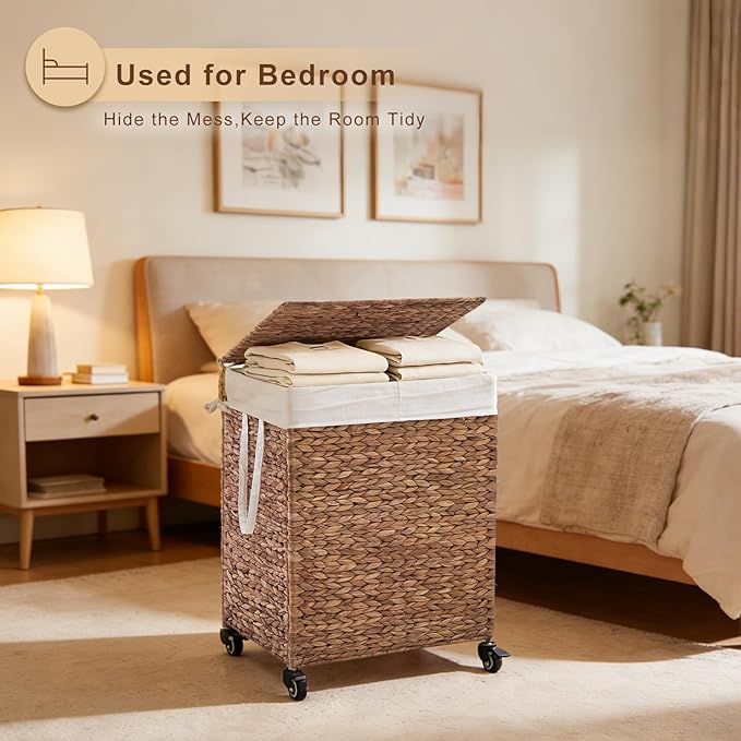 2-Section Laundry Hamper with Lid, Large Capacity Woven Natural Water Hyacinth Laundry Sorter with Removable Liners, Rolling or Non-Slip Design for Bedroom (Espresso, 100L)