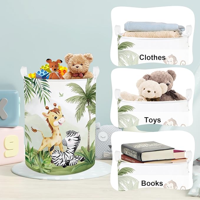 Clastyle 63L Large Rainforest Animals Kid Laundry Hamper with Handle Boy Girl Bedroom Bathroom Nursery Clothes Toy Storage Basket with Lid