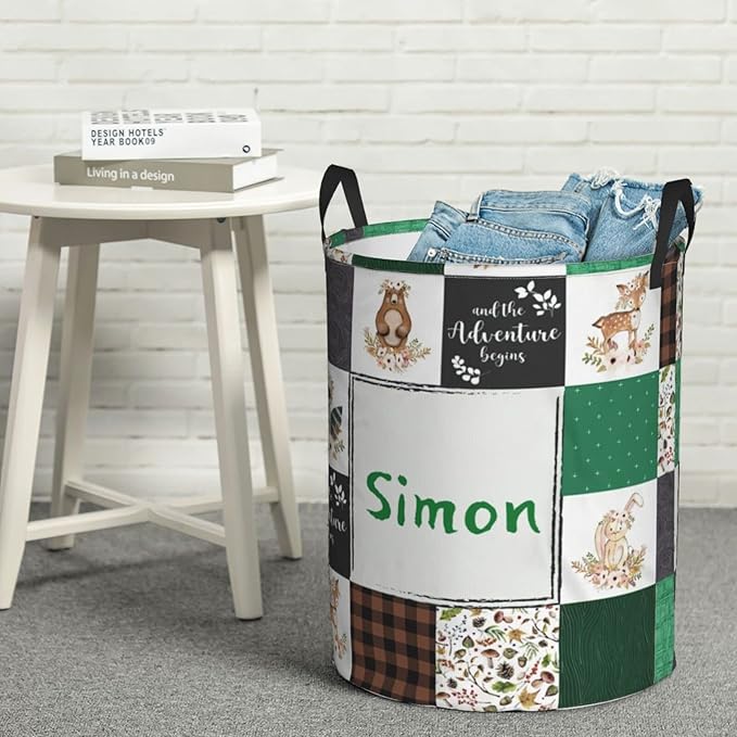 Greenery Woodland Animals Personalized Laundry Hamper Custom with Name Collapsible Waterproof Storage Basket with Handles for Bedroom Clothes Toys.