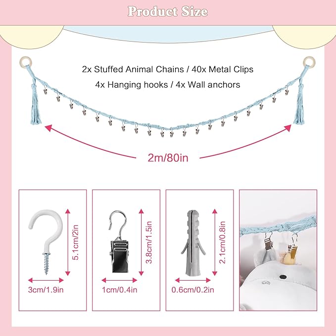 80" Cotton Hanging Storage Chain For Stuffed Animals Storage with 40 Metal Clips, Stuffed Animal Organizer Chain for Wall Corner Nursery Play Room, Baby Blue