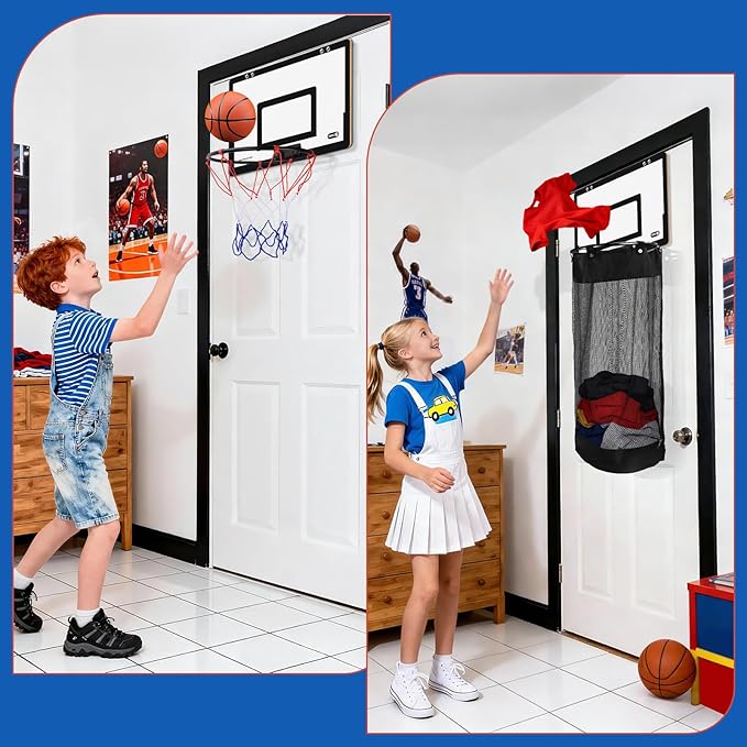 Over the Door Basketball Laundry Hamper and Basketball Hoop, 2-in-1 Wooden Sports Laundry/Clothes Basket with Hoop and a Bottom Zipper for Kids Teen Bedrooms, Dorm Rooms, Bathroom