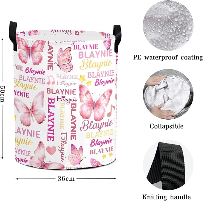 Large Custom Name Laundry Hamper, Butterfly Personalized Dirty Clothes Hamper Storage Basket with Name for Bathroom Bedrooms, Customized Name Circular Hamper with Handles for Baby Boys Girls Men Women