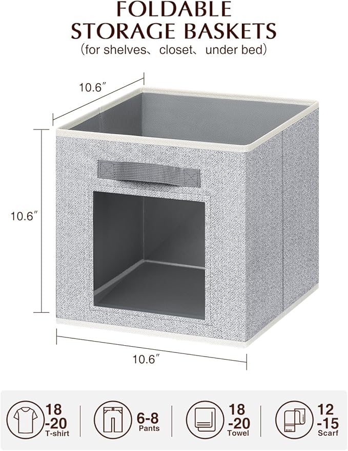 Linen Closet Organizers and Storage - 6 Pack Cube Storage Bins with Handle, Fabric Storage Bins for Shelves, 11 inch Bins for Organization, Cubes Organizer for Home, Blended