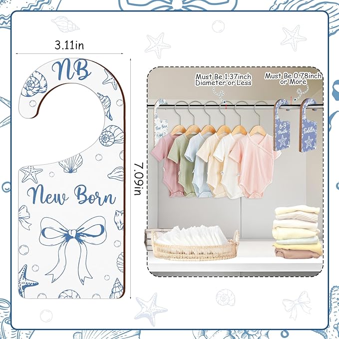 Baby Closet Dividers 8PCS, Blue Shell & Bows Themed Wooden Double-Sided Clothes Size Hanger/Organizer from Newborn to Toddler for Nursery Decor Baby Shower Birthday Party Gift