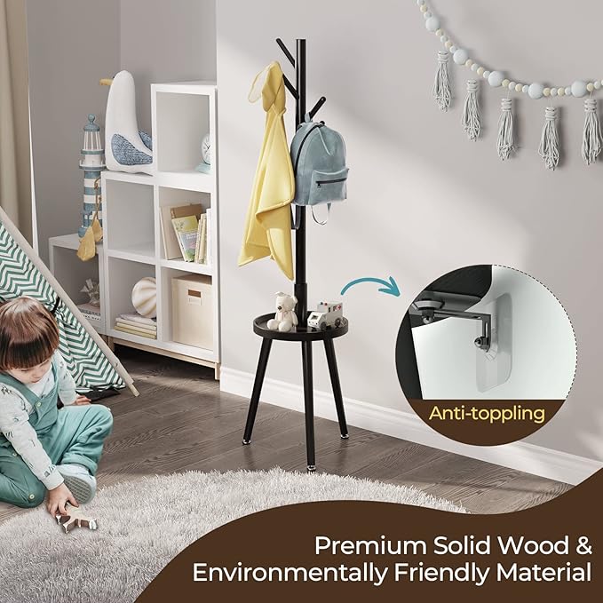 GREENSTELL Coat Rack with 8 Hooks, Wooden Coat Rack Freestanding with Shelf, Coat Tree with 4 Height Options 50.5"-72.6", Coat Hanger Stand for Bags, Clothes, Umbrellas, Hats, in Home, Black